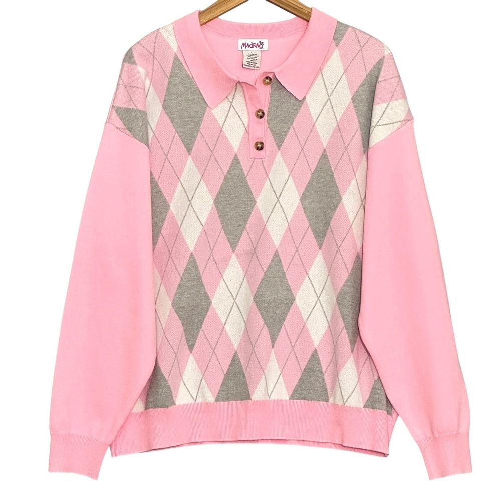 Madrag Womens Sweater L Pink Gray Argyle Collared Polo Preppy Clueless Soft Girl